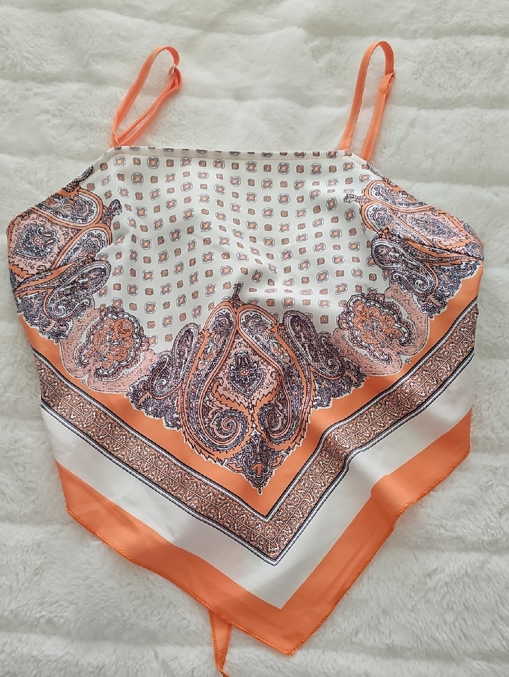 SHEIN Orange & White Paisley Satin Bandana Cami
